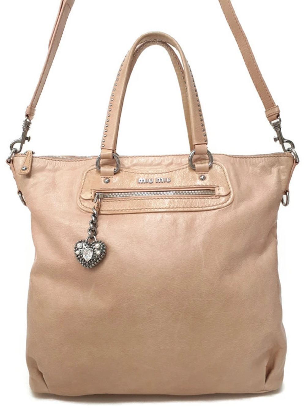 Miu Miu beige leather shoulder bag sparkling crystal heart charm